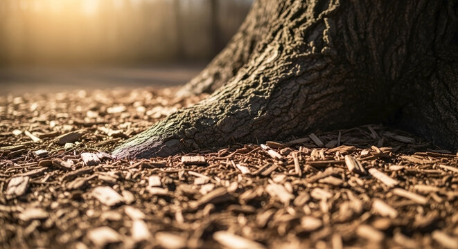 Sunlit tree mulch covers forest floor around rustic trunk base. Organic tree mulch enhances soil, retains moisture, suppresses weeds. Sustainable tree mulch application for landscaping.