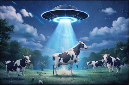 밤하늘의 UFO 빛 아래 떠오르는 소들의 유머러스한 초현실 장면
