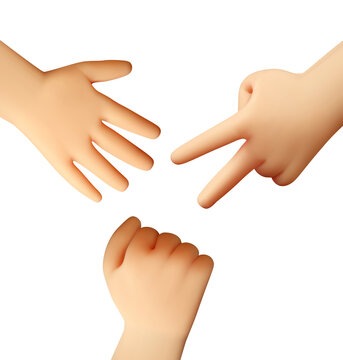 Three 3D hands playing rock paper scissors game