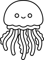 Naklejka premium Jellyfish cute cartoon outline marine animal smiling tentacle simple line art, playful sea creature outline transparency background, minimal