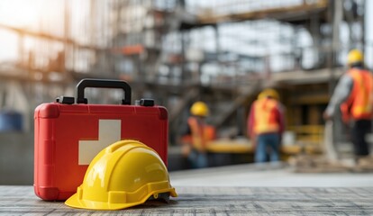 Fototapeta premium A yellow safety helmet and a red first aid kit with a white cross sit on a wooden surface at a construction site with workers in safety vests in the background.