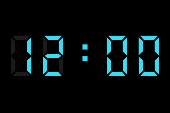 digital clock showing 12:00 in light blue on a black background