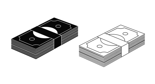 Two stacks of money a larger and smaller pile in black and white