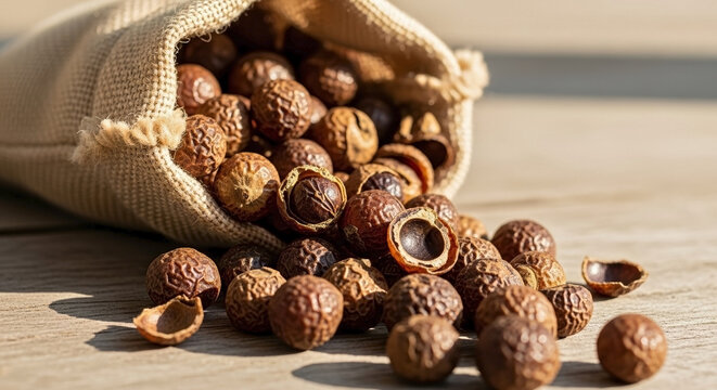 Close up of eco soap nuts spilling from natural fabric bag on wooden surface, dried organic eco soap nuts provide sustainable laundry solution, displaying their brown husks.