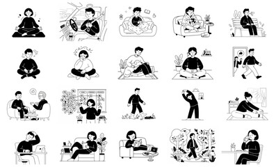 Obraz premium Minimalist vector illustration pack: mental health & stress management.