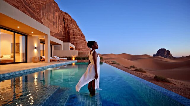 a luxury desert resort during Blue Hour. This scene highlights Inland Tourism, AlUla, Liwa, glamping, and the  "Quiet Luxury" travel trend.