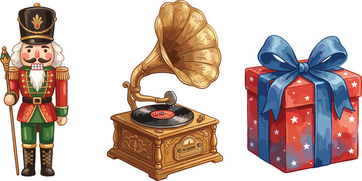 Christmas Vintage Elements Set with Nutcracker Soldier, Gramophone and Gift Box, Classic Holiday Illustration for Decoration and Festive Design