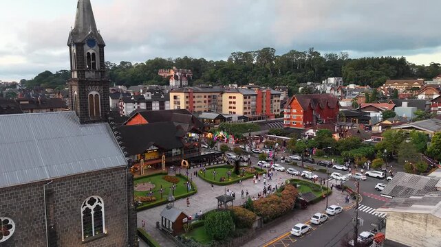 Aerial view of houses with European Alpine architecture on Borges de Medeiros Avenue - Gramado, Rio Grande do Sul, Brazil