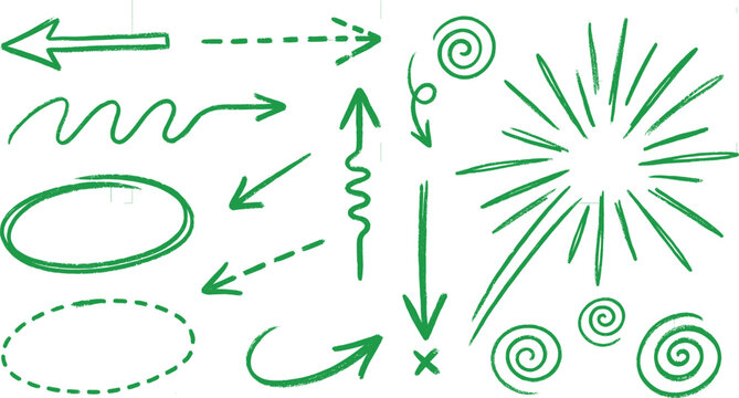 Hand Drawn Green Arrows and Scribble Elements Set with Doodles, Circles, Lines, Burst Shapes for Highlight, Annotation and Design