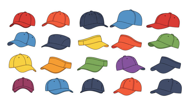 A collection of twenty different baseball caps and visors in various colors and styles is arranged on a white background.