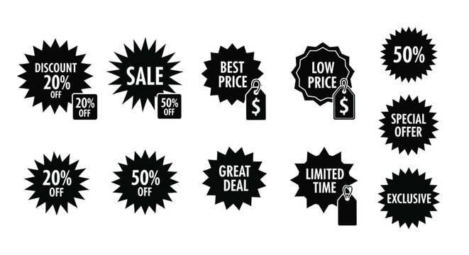 Collection of black sale and discount starburst badges with percentage and price labels