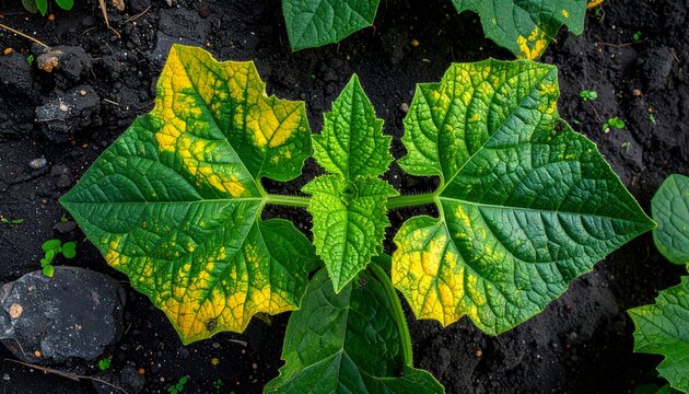 Plant leaves showing signs of nutrient deficiency in garden soil.