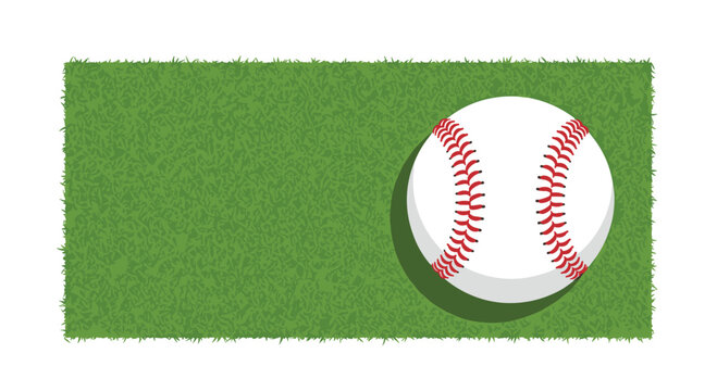 A single white baseball with red stitching rests on a rectangular patch of vibrant green textured grass against a white background.