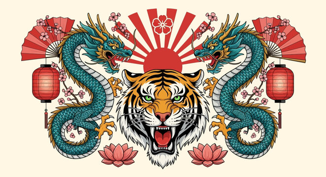 Japanese Tattoo Style Illustration with Roaring Tiger, Two Dragons, Rising Sun, and Cherry Blossoms