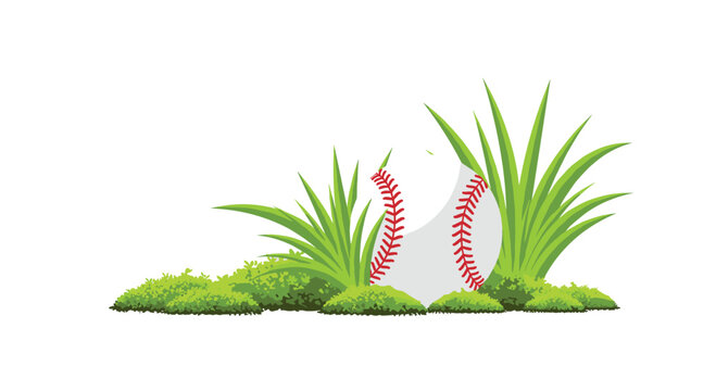 A white baseball with red stitching is partially obscured by clumps of varying green grass and moss on a clean white background.