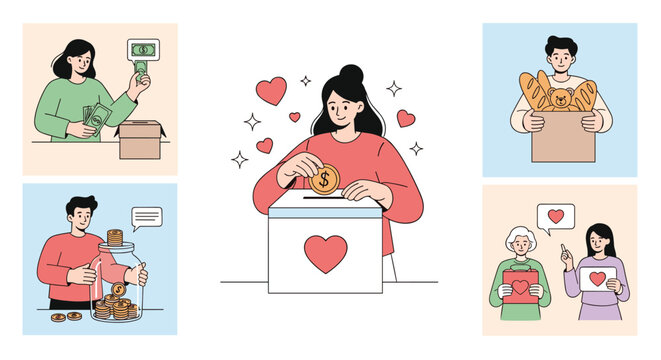Collection of donation activities showing people giving money, food, and clothes to help those in need for charity.