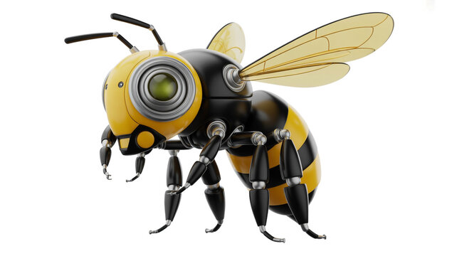 A whimsical bee with a camera mounted on its head for surveillance. isolated on white background