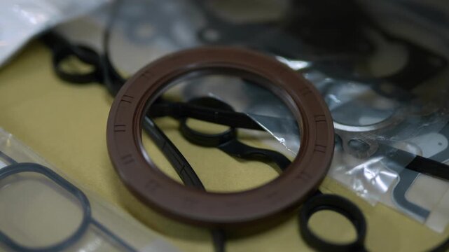 Brown rubber oil seal on a car engine gasket set.