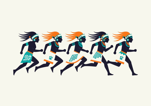 Indigenous Runners in Mesoamerican Art Style - Aztec and Mayan Inspired Messenger Illustration