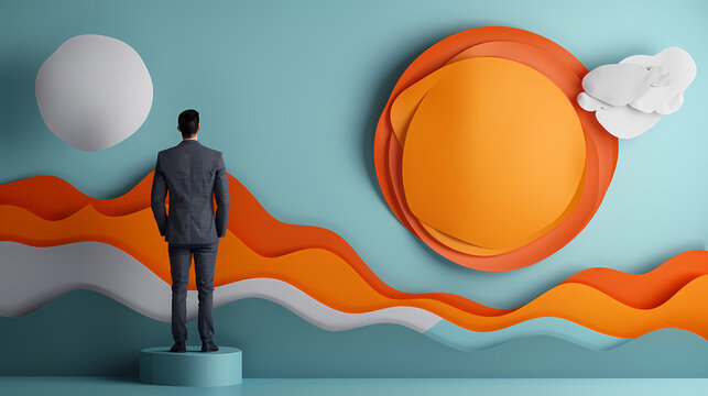 Striking 3D paper cut art of a lone businessman in a dark suit walking through a dramatic layered corridor of sweeping teal, orange, and red waves, representing leadership and vision.