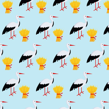 a pattern featuring storks and sheaves of wheat