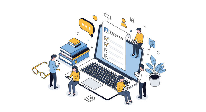 People working together to fill out an online survey or registration form on a large laptop screen in isometric style.