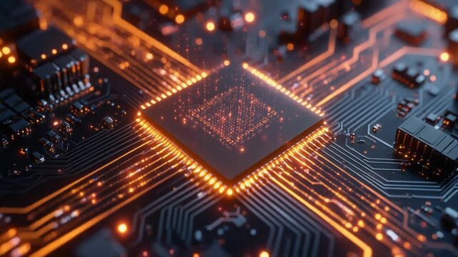 Central Processing Unit (CPU) Glowing on a Circuit Board, Symbolizing Digital Data Flow and Technology