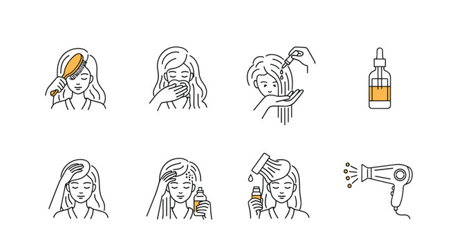 Set of icons demonstrating a comprehensive hair care routine including brushing, applying oil, using serum, and blow drying.
