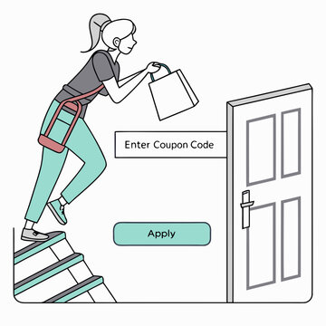Woman entering coupon code on a doorstep shopping