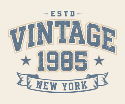 Vintage 1985 New York Athletic Illustration - Retro Est. 1985 NYC Collegiate Varsity Style Graphic with Ribbon and Stars - Classic Heritage Sports Apparel T-Shirt Design Art