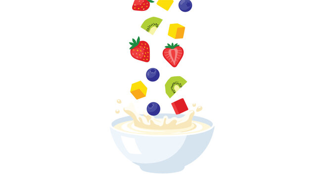 Various fresh fruits including strawberries, blueberries, kiwi, and mango are falling into a white bowl of creamy liquid creating a splash against a white background.