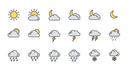 Obraz premium Minimalist set of weather forecast icons featuring various sky conditions like sunny, cloudy, rainy, and snowy for mobile applications.