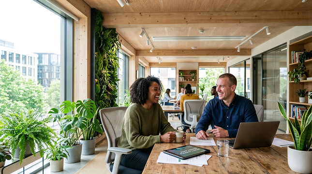 Colleagues having a productive meeting in a modern sustainable office with a vertical green wall.