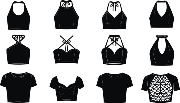 Set of flat vector black silhouette icons featuring various women crop top styles including halter necks, racerbacks, sleeveless blouses, and trendy summer fashion apparel.