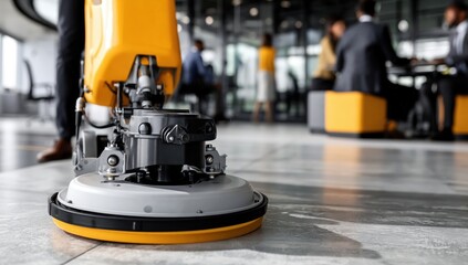 Fototapeta premium A close-up of a floor cleaning machine polishing a tile floor in a modern office environment with people in the background.