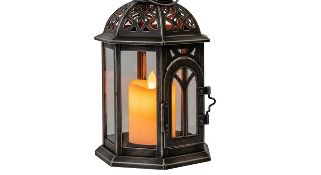 A vintage brass candlestick with a single lit candle on a pedestal base isolated on transparent background