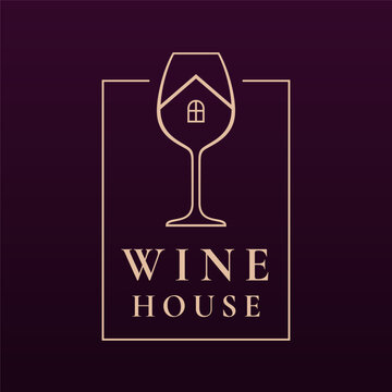 Minimalist wine house logo design featuring a wineglass silhouette with a house roof and window icon, modern linear vector emblem for winery, restaurant, or home wine cellar branding