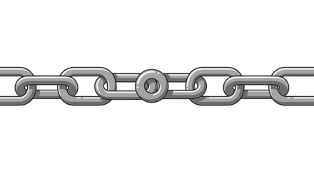Obraz premium A seamless horizontal chain made of grey metal links, with one distinct central circular link, extends across a white background.