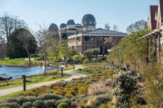 Singel (canal) park, a 6.5km circular green pedestrian route around the historic centre of Leiden in early spring;  former observatory of Leiden University, now a monument on Witte Singel