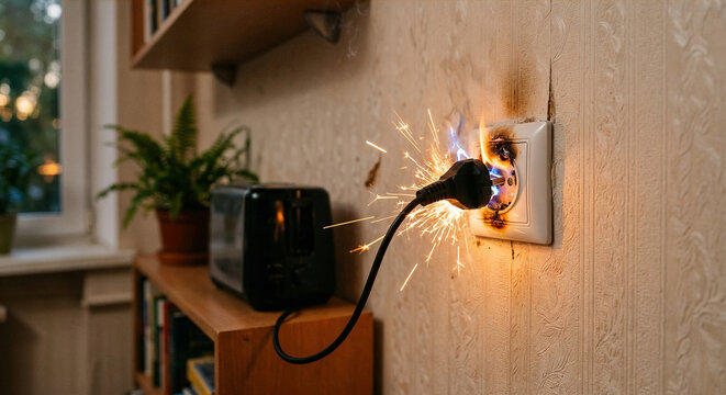 Dangerous electrical short circuit in a wall socket with sparks and fire.