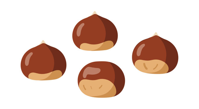 Four whole, unshelled chestnuts are clustered together in a small group on a soft off-white background.