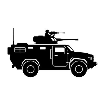 Armored Military Vehicle Silhouette with Gunner - Black and White Icon