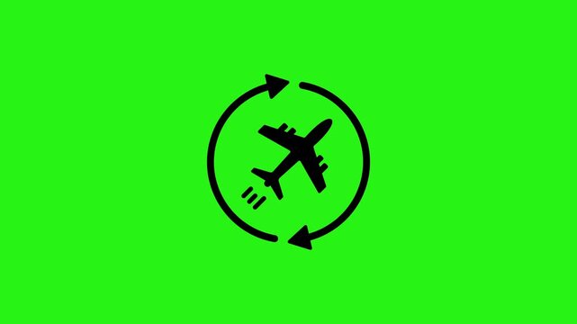 Simple circular arrows rotation with airplane icon animation on green screen background for nonstop flight concept