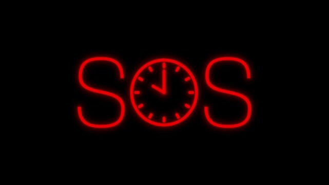 SOS text with clock replacing letter O loop animation on black background representing time emergency concept