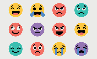Obraz premium Emoji colorful round faces expressing emotions feelings happiness sadness anger surprise love joy playful digital illustration design
