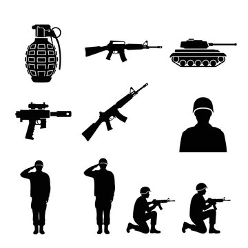 Military Icons: Grenade, Rifles, Tank, Soldier Silhouettes - Vector Set