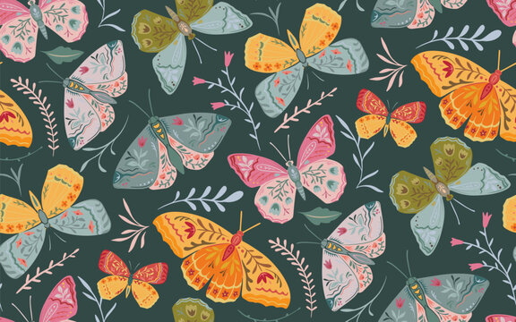 Vector seamless pattern with ornate butterflies, flowers and plants. Folk art floral natural endless background.
