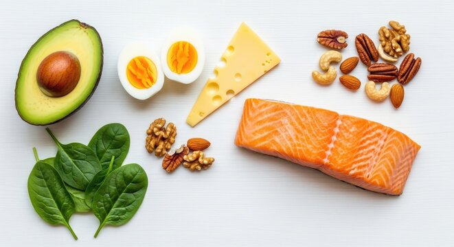 A white surface displays a selection of healthy foods. An avocado half sits next to a boiled egg, a wedge of cheese, a piece of salmon, and a handful of almonds and walnuts.