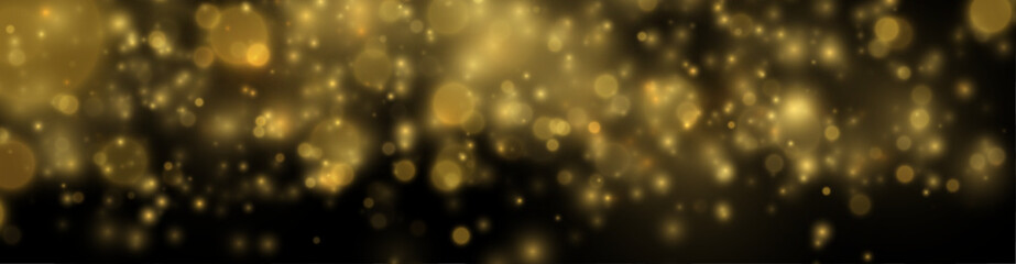 Obraz premium Bright golden particles form glowing dust cloud. Sparkling light creates elegant festive effect. Perfect design element for luxury backgrounds and banners. Vector