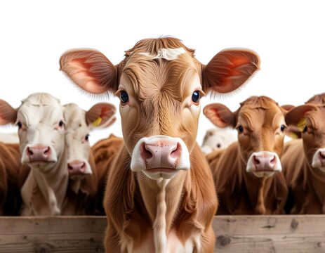 A herd of curious brown cows with white markings gazing over a wooden fence on a bright, white background